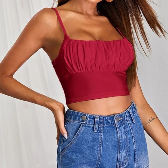 Solid Red NWOT Small Ruched Bust Crop Cami Top Adjustable Spaghetti Straps Sexy - Picture 1 of 5
